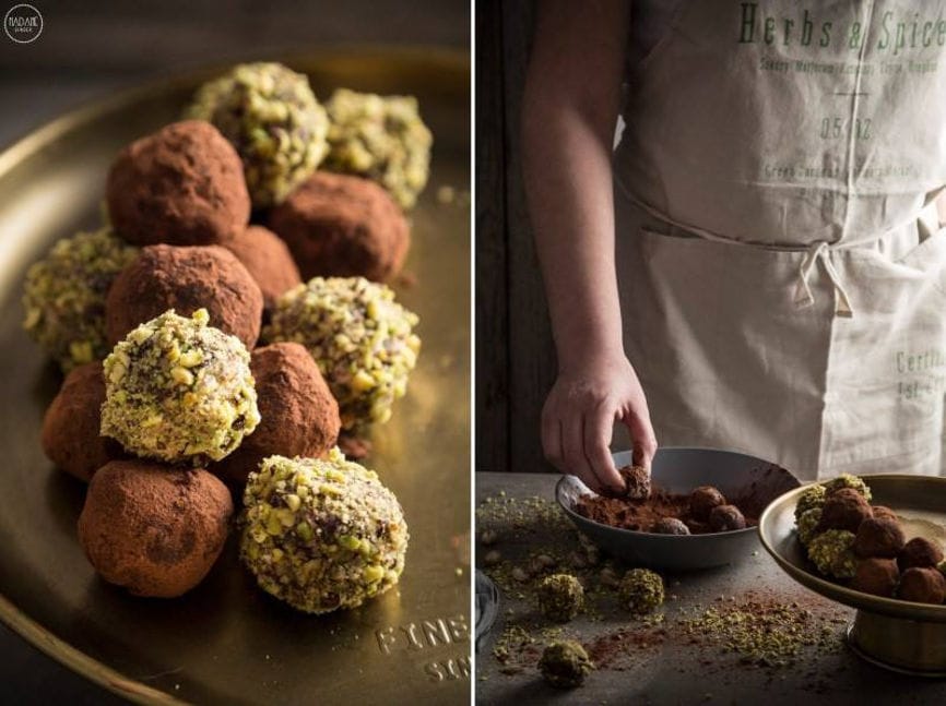 close-up of chocolate truffles and a view of a woman making them at 'M. Kosmidis' workshop